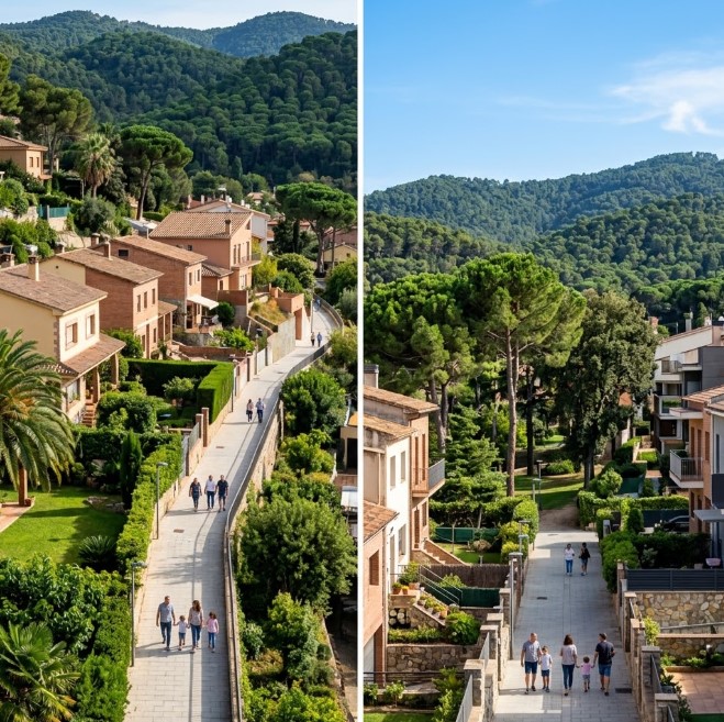 Vistas de las zonas arboladas, la arquitectura residencial y la naturaleza de la Serralada de Marina en Sant Fost de Campsentelles